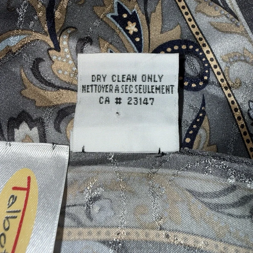 Vintage Talbots 100% Silk Paisley Scarf Shawl Gray Gold Blue Fringe Wrap 16x60
